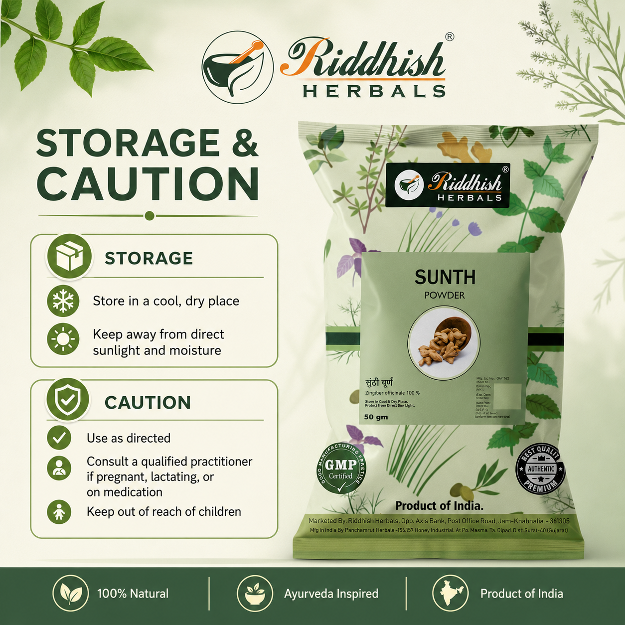 Riddhish Herbals Sunth Powder storage and caution infographic