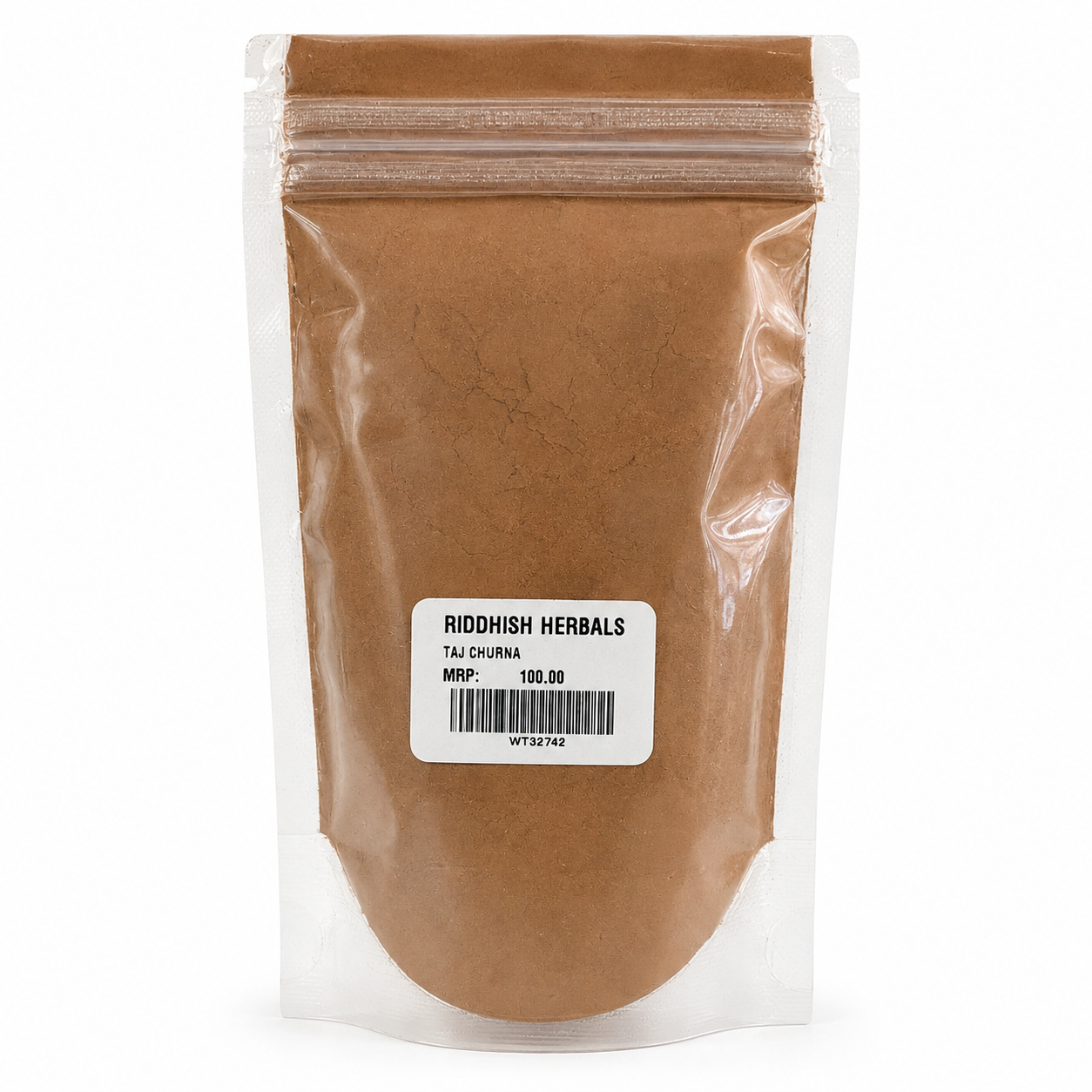Taj Churna 100g front pouch mockup - Riddhish Herbals