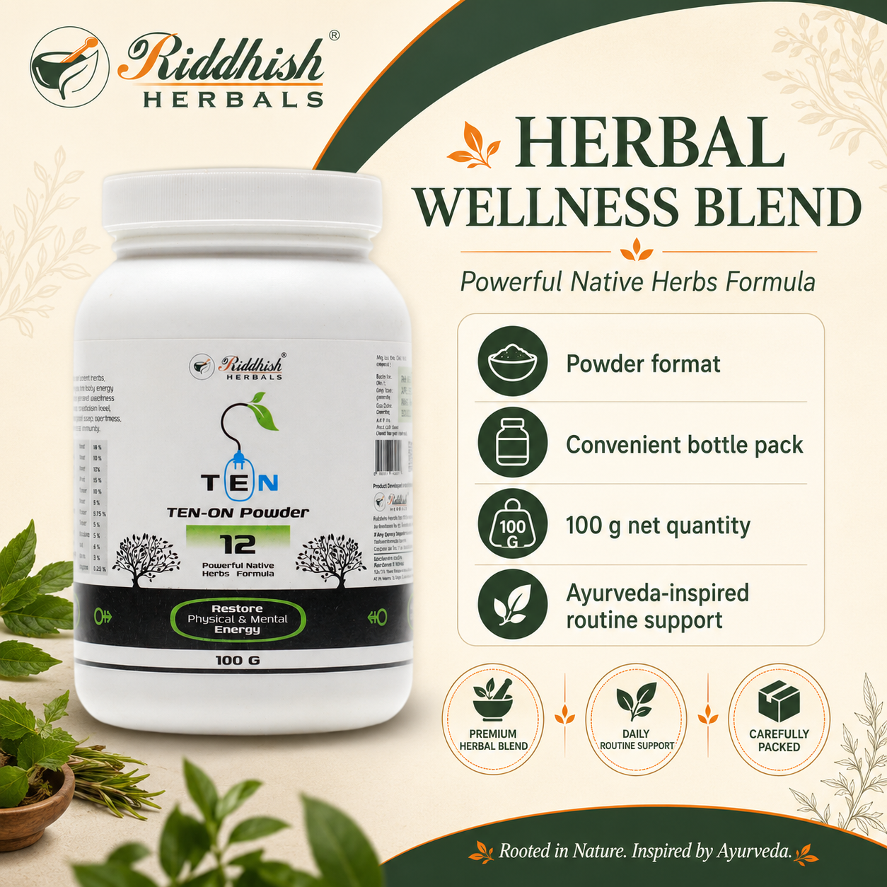 Riddhish Herbals Ten On Powder herbal wellness blend 100g infographic