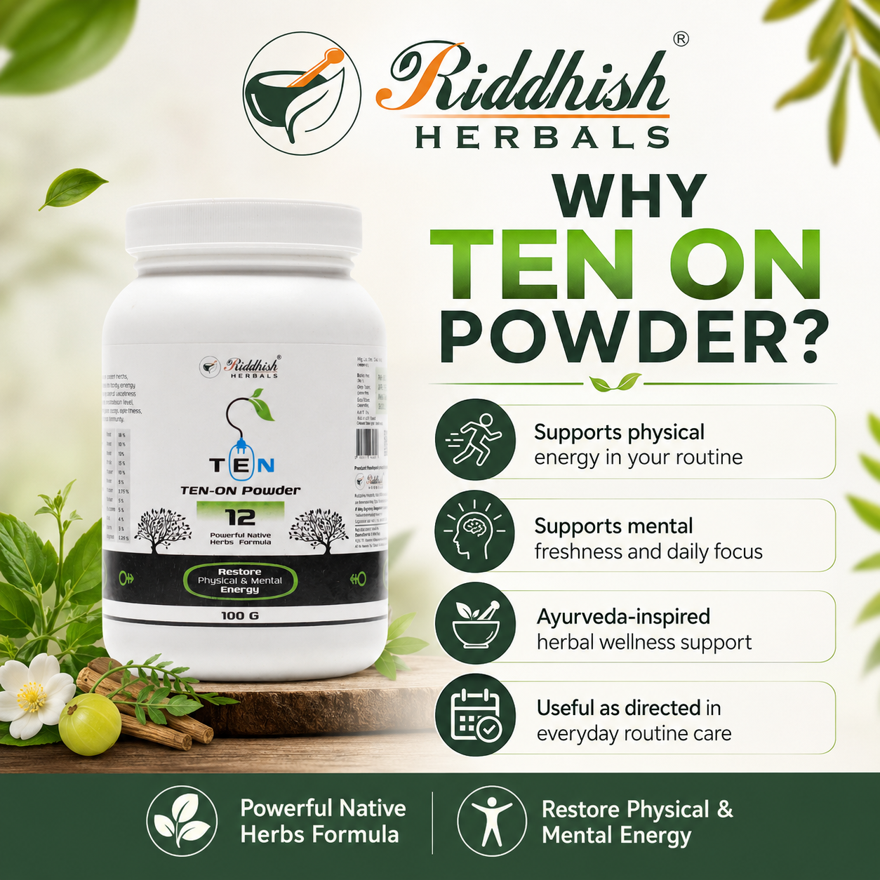 Ten On Powder routine physical energy and mental freshness support infographic