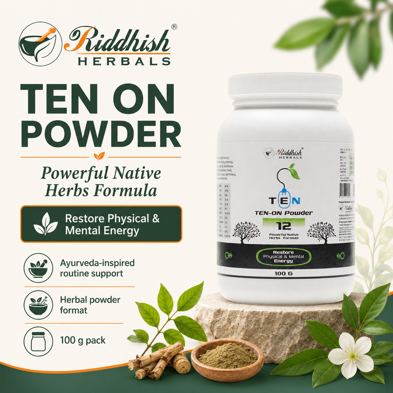 Riddhish Herbals Ten On Powder 100g powerful native herbs formula infographic