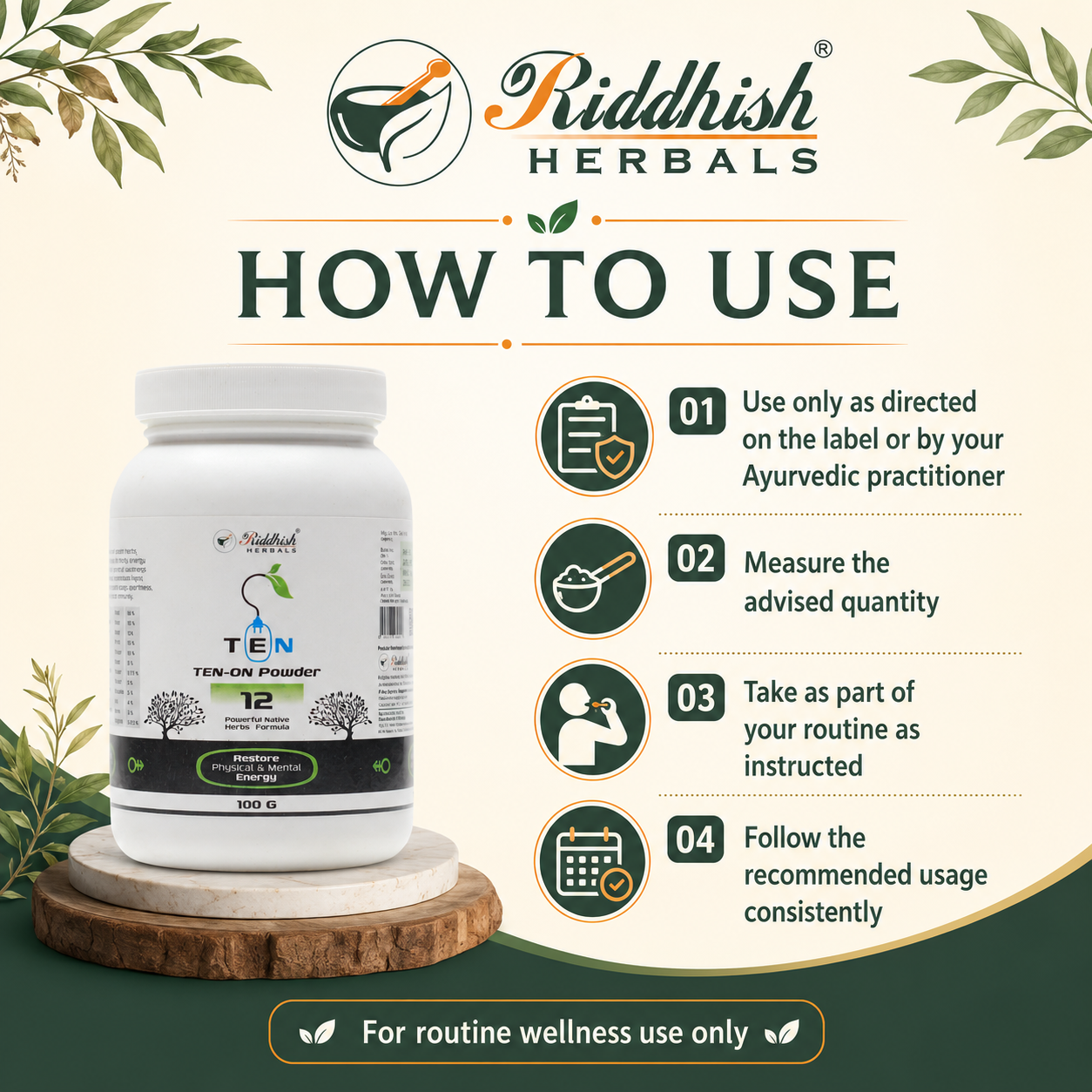 How to use Riddhish Herbals Ten On Powder as directed infographic