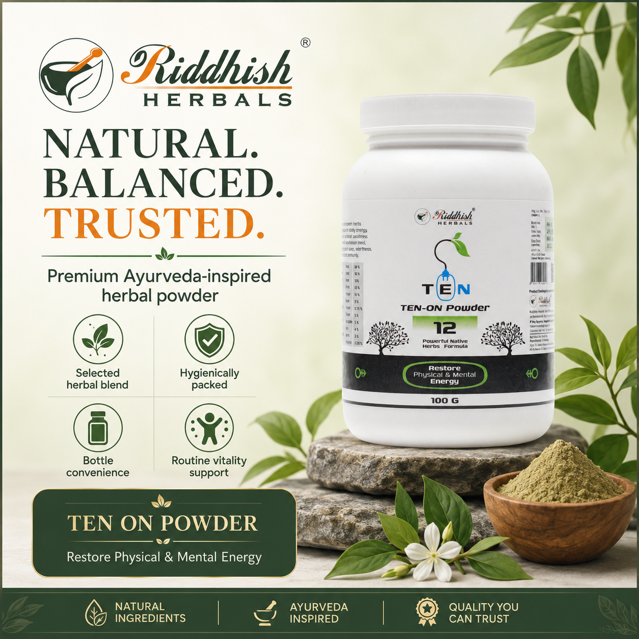 Riddhish Herbals Ten On Powder natural balanced trusted herbal blend infographic