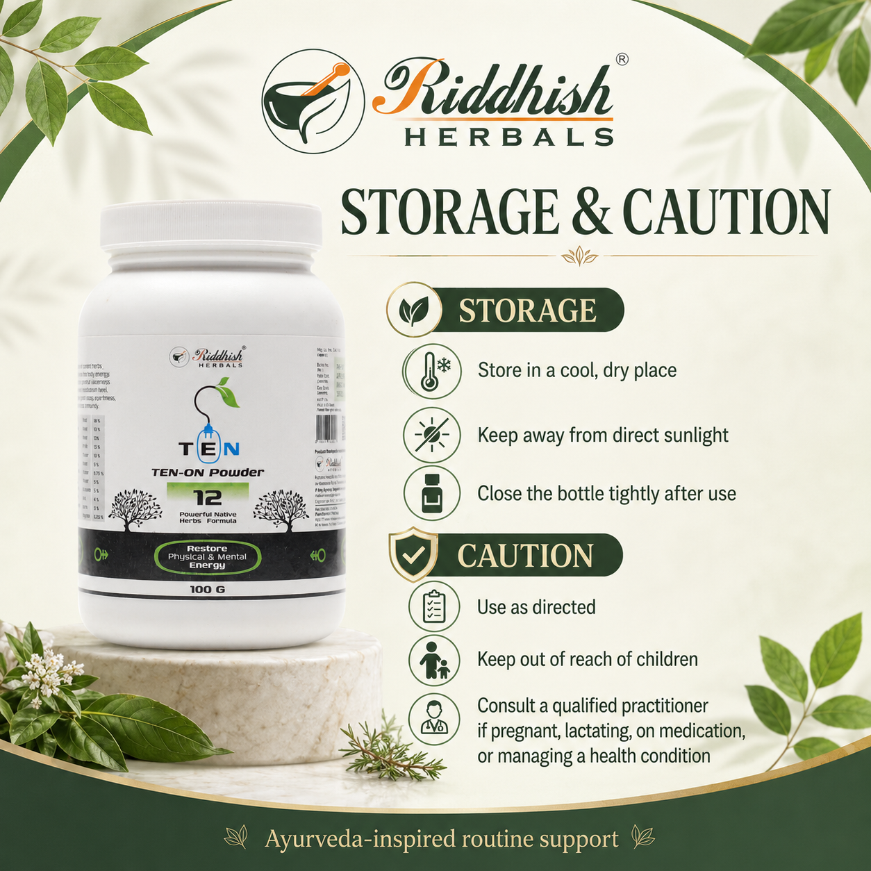 Riddhish Herbals Ten On Powder storage and caution infographic