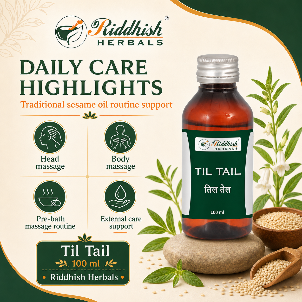 Riddhish Herbals Til Tail daily head and body massage care highlights infographic