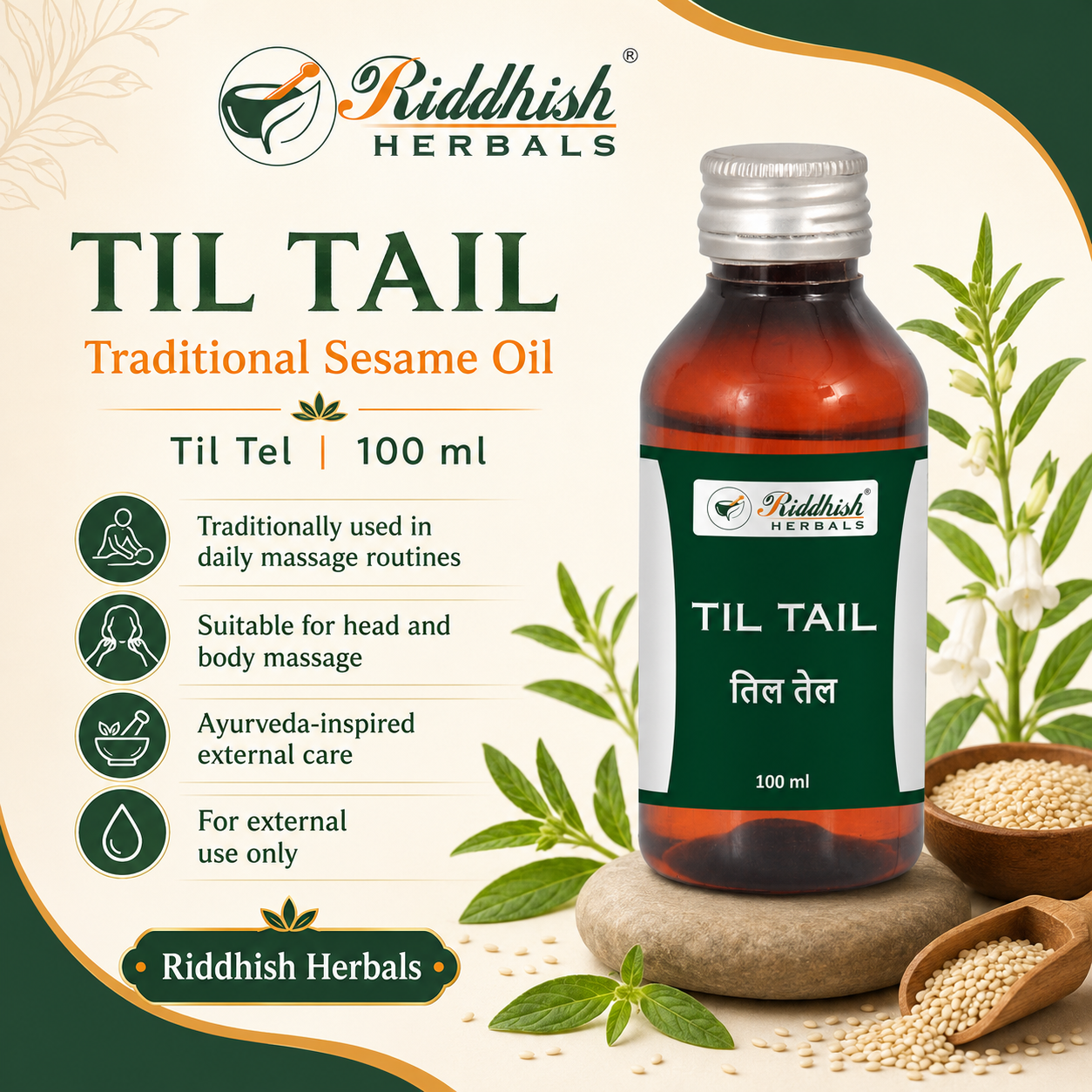 Riddhish Herbals Til Tail 100ml traditional sesame oil hero infographic