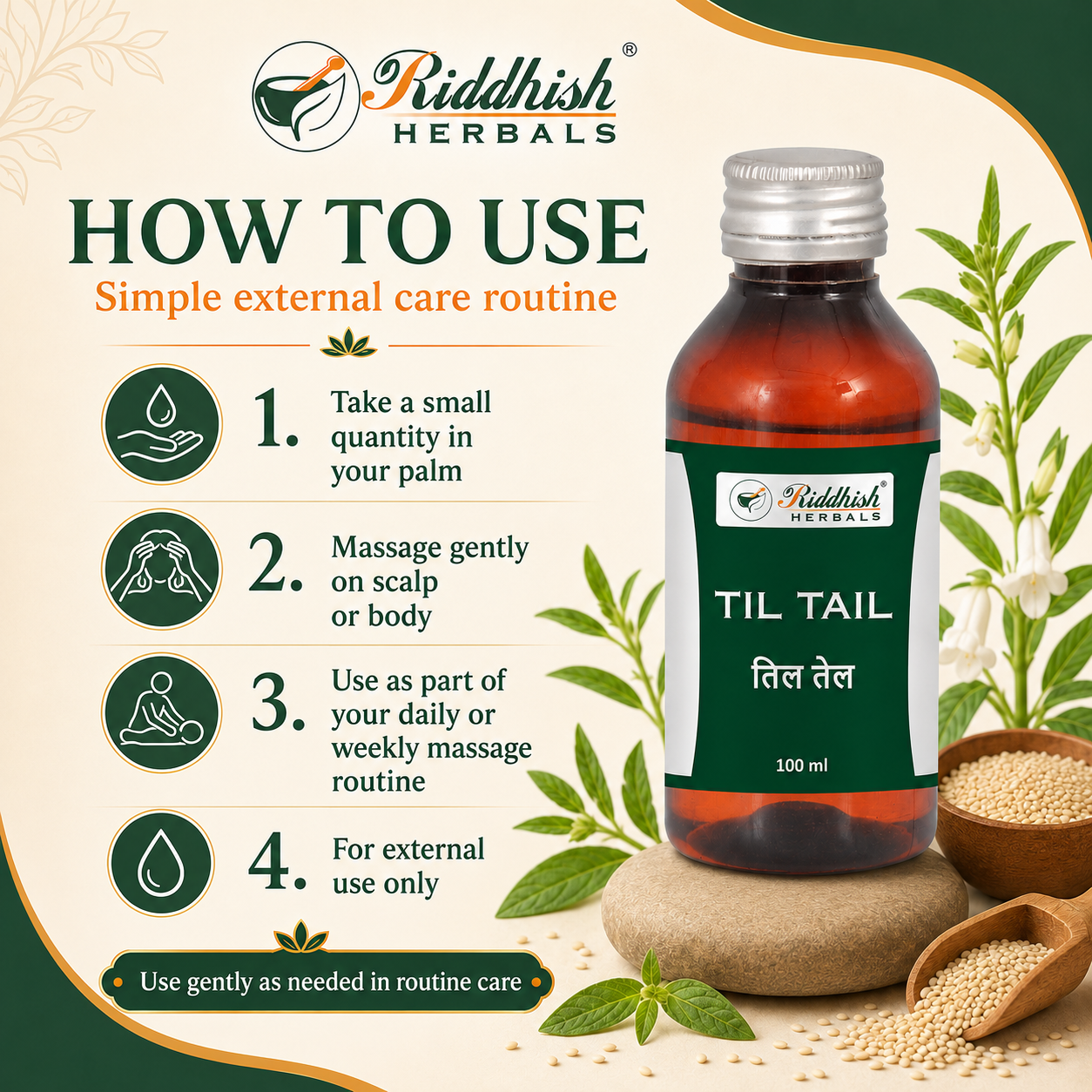 How to use Riddhish Herbals Til Tail for scalp and body massage infographic