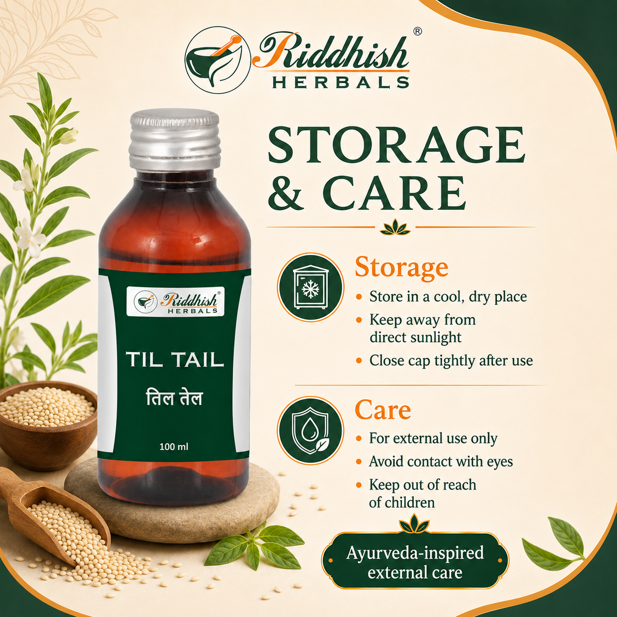 Riddhish Herbals Til Tail sesame oil storage and external care infographic