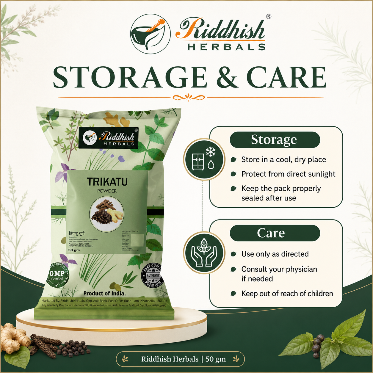 Riddhish Herbals Trikatu Churna storage and care instructions infographic