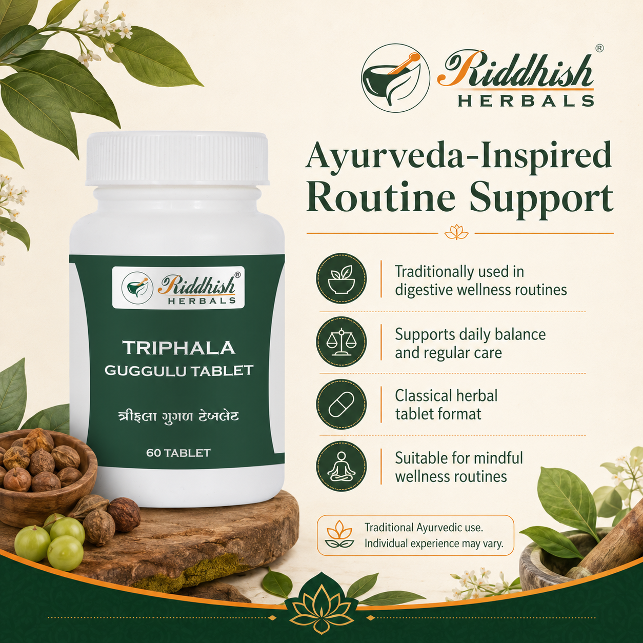Riddhish Herbals Triphala Guggulu Ayurveda-inspired digestive and daily wellness routine support infographic