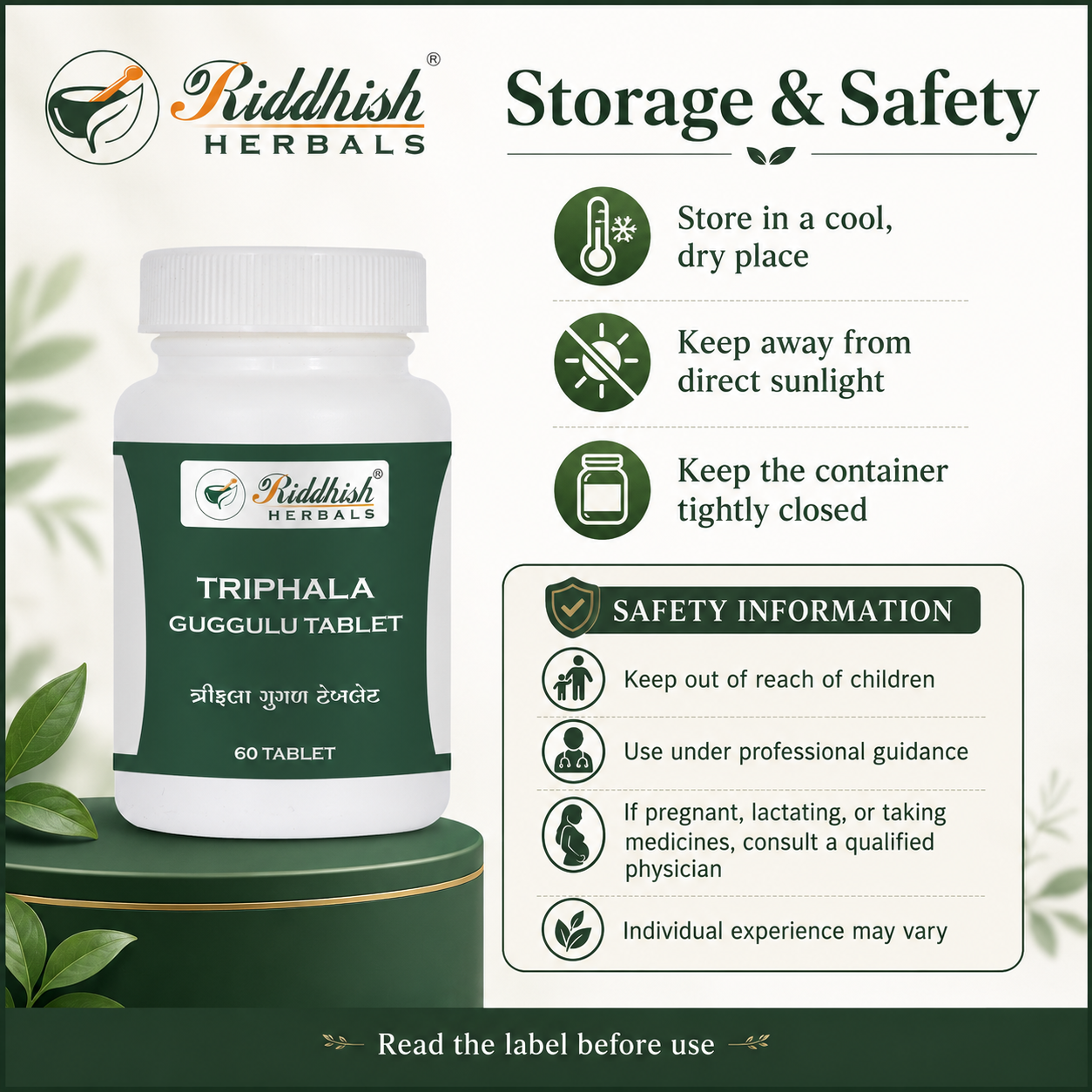 Riddhish Herbals Triphala Guggulu Tablet storage and safety information infographic