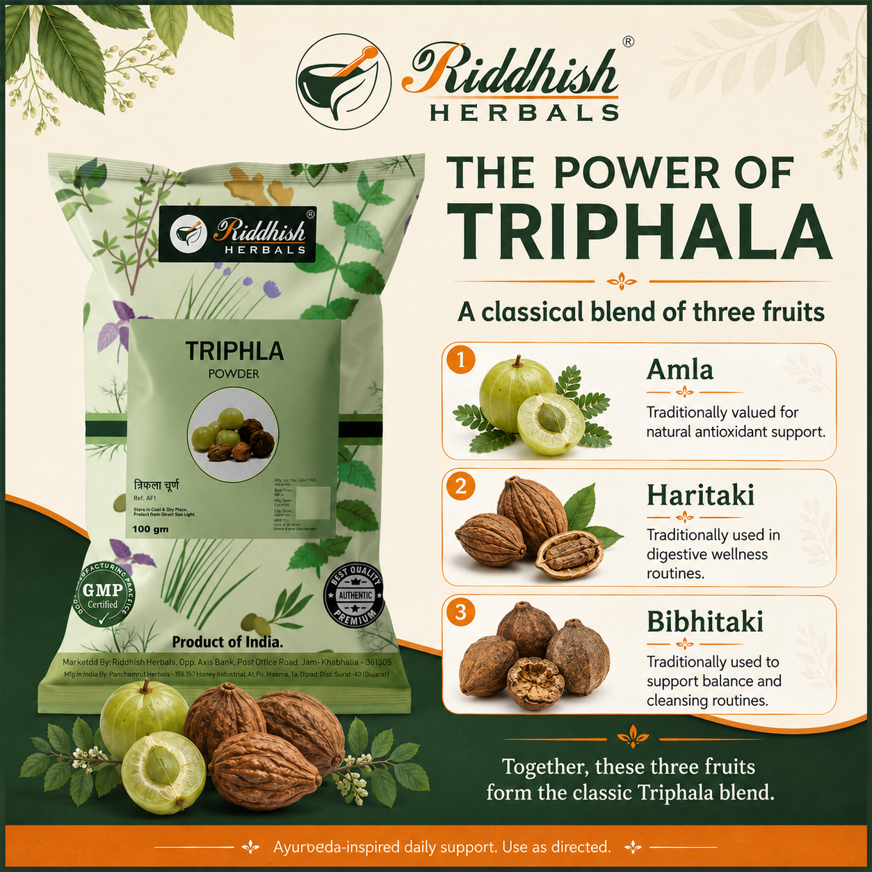 Riddhish Herbals Triphala Powder Amla Haritaki Bibhitaki infographic