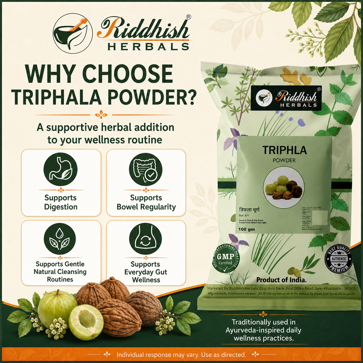 Riddhish Herbals Triphala Powder digestive wellness benefits infographic