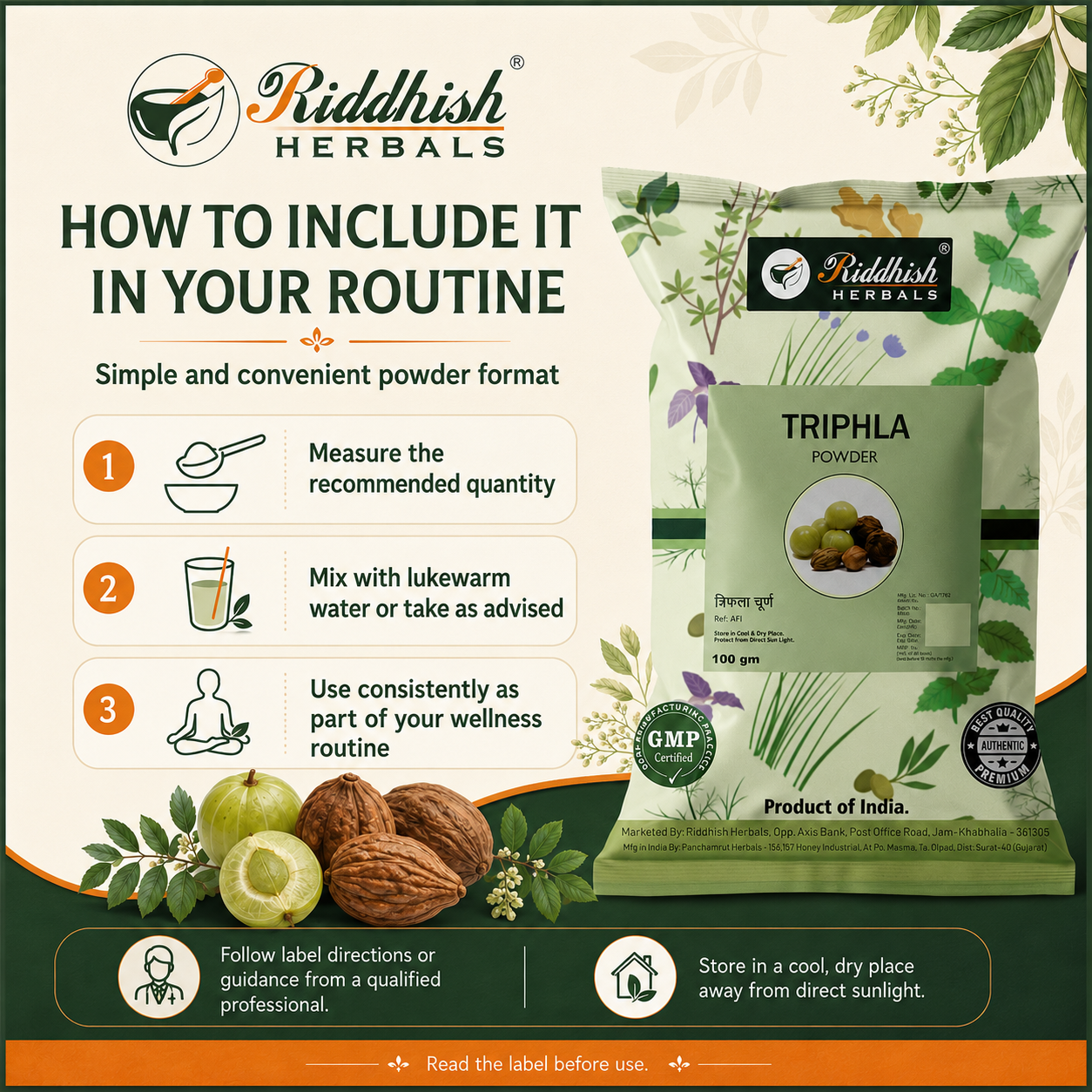 Riddhish Herbals Triphala Powder how to use infographic