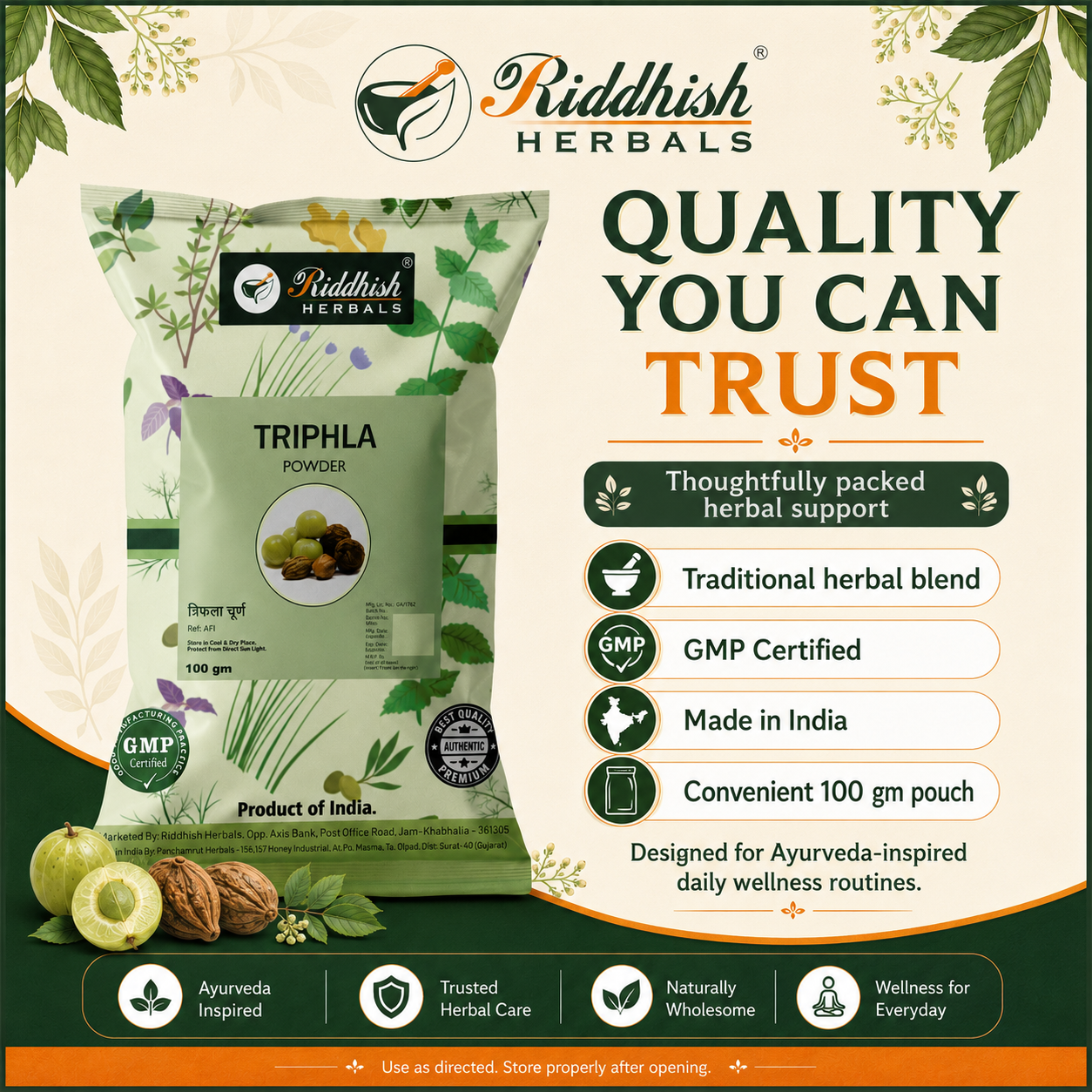 Riddhish Herbals Triphala Powder quality and trust infographic