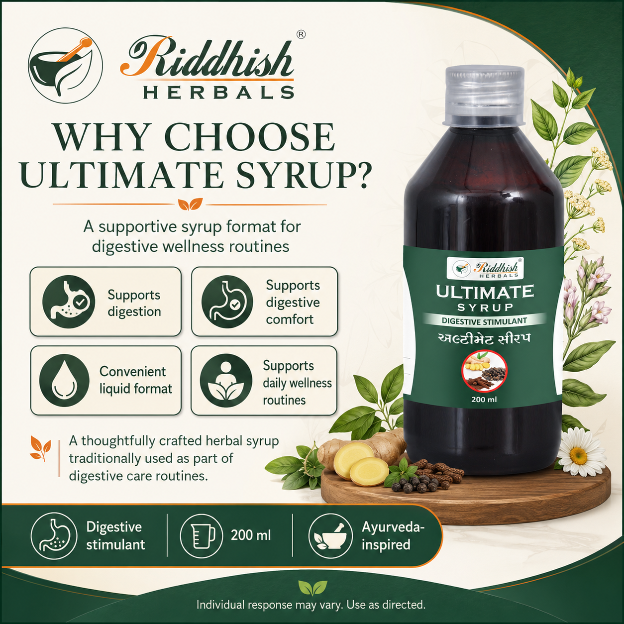 Riddhish Herbals Ultimate Syrup digestive wellness benefits infographic