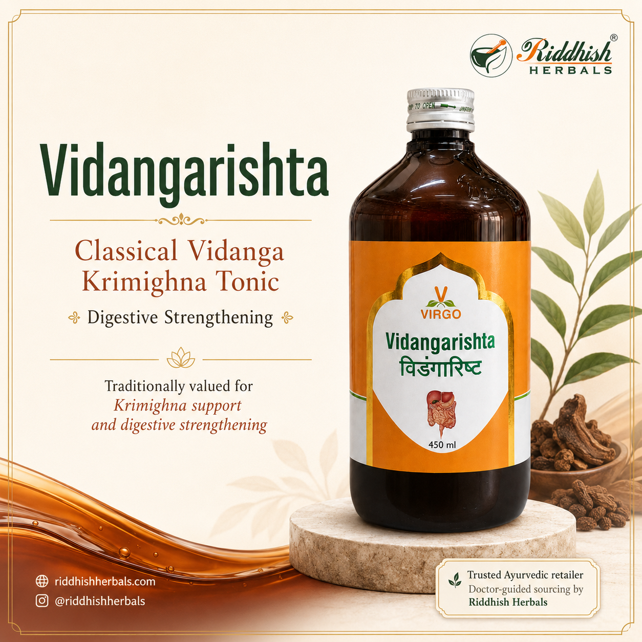 Vidangarishta Virgo classical Vidanga Krimighna tonic hero infographic by Riddhish Herbals