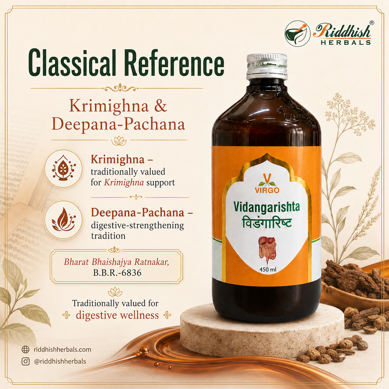 Vidangarishta Virgo Krimighna Deepana Pachana BBR 6836 classical reference infographic