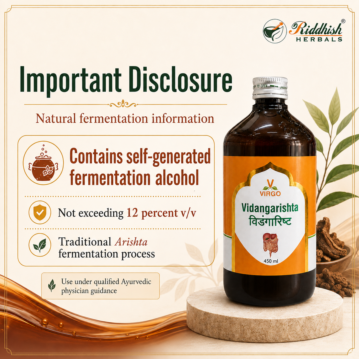 Vidangarishta Virgo self generated fermentation alcohol disclosure infographic