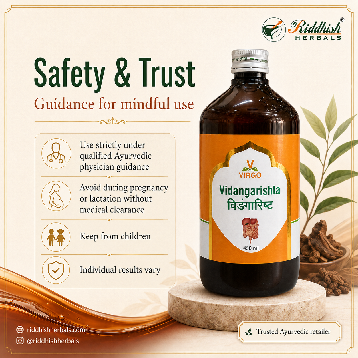 Vidangarishta Virgo safety and trust physician guidance infographic by Riddhish Herbals