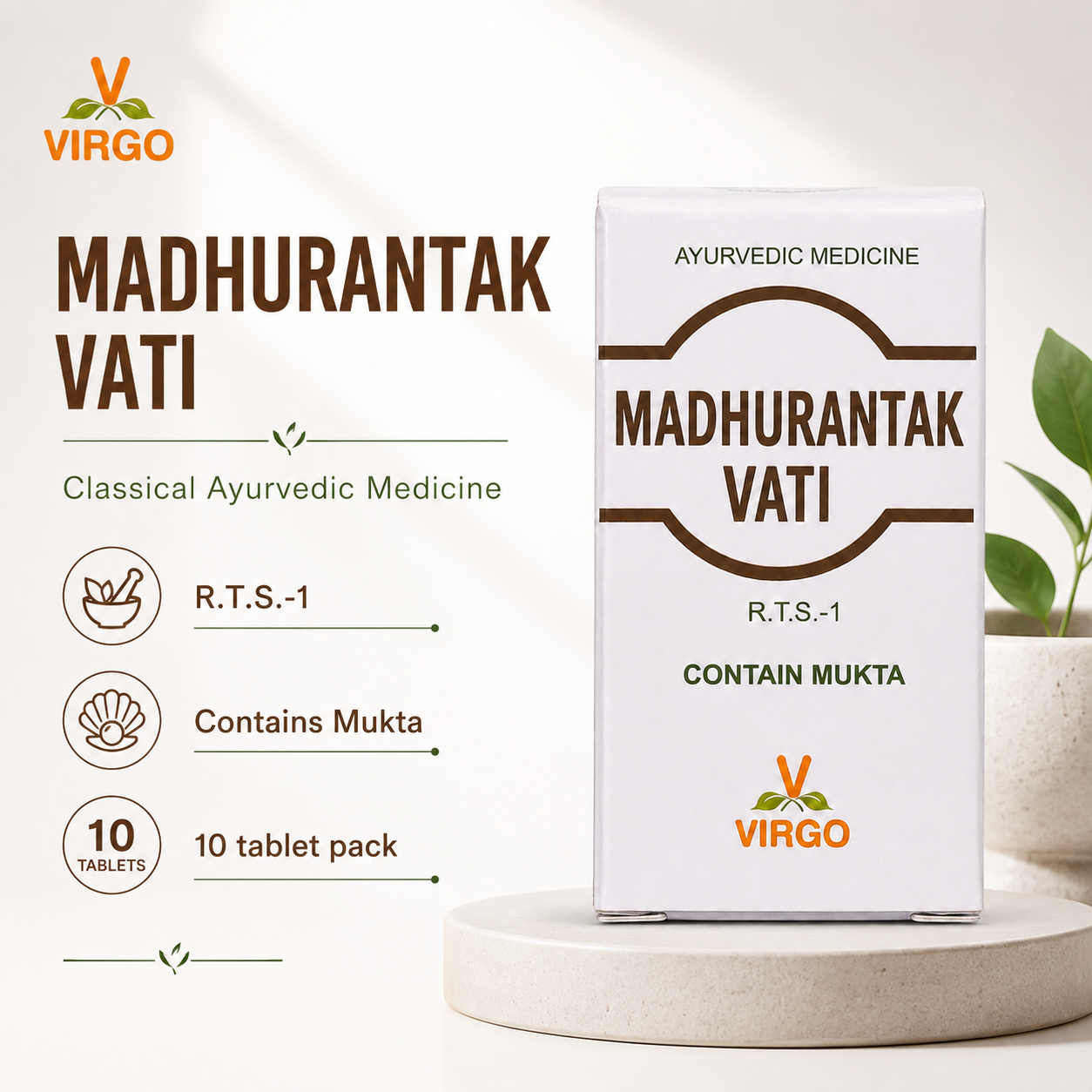 Virgo Madhurantak Vati hero infographic with R.T.S.-1 and Mukta details
