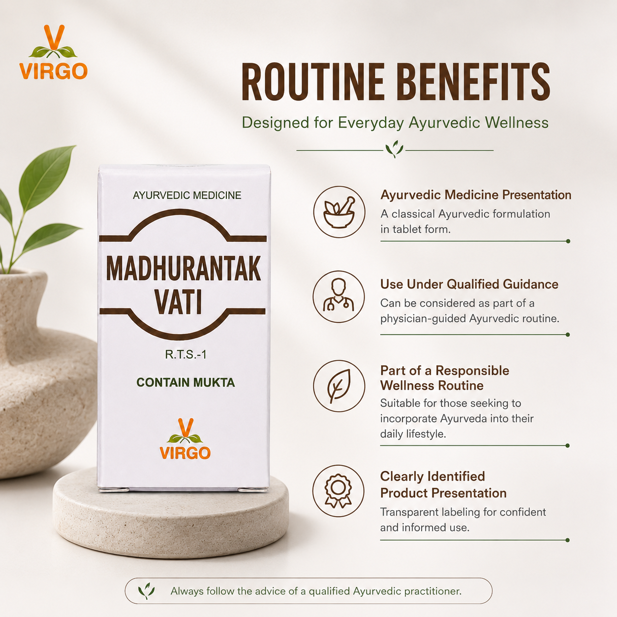 Virgo Madhurantak Vati routine and physician guided use infographic