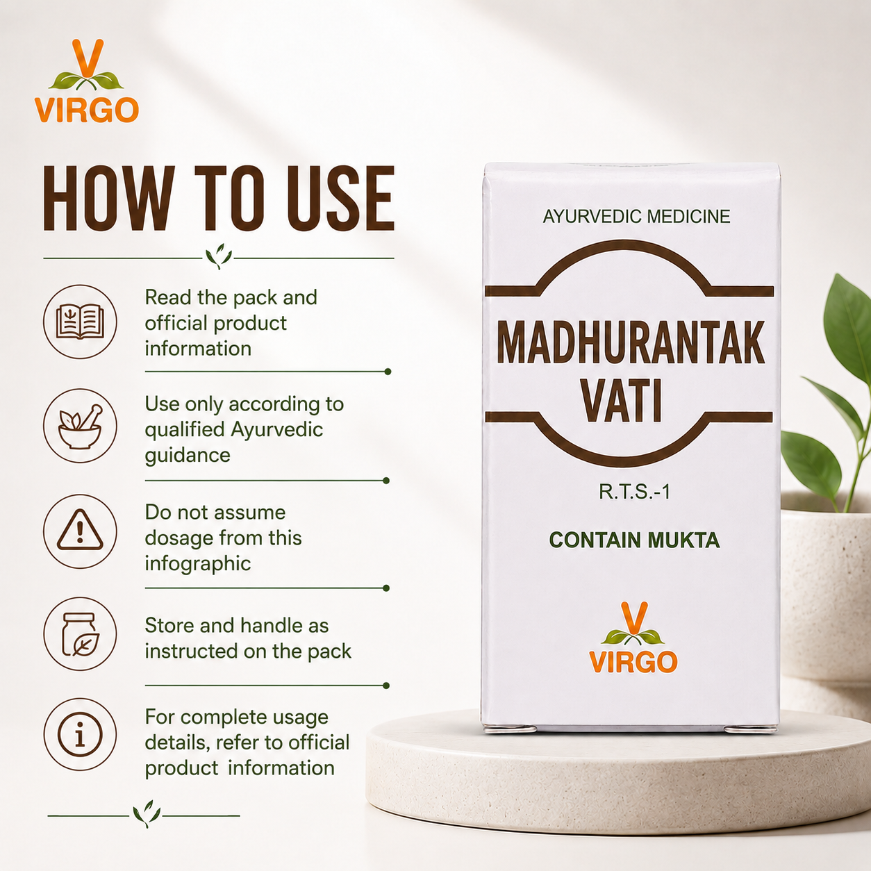 Virgo Madhurantak Vati how to use and safety guidance infographic