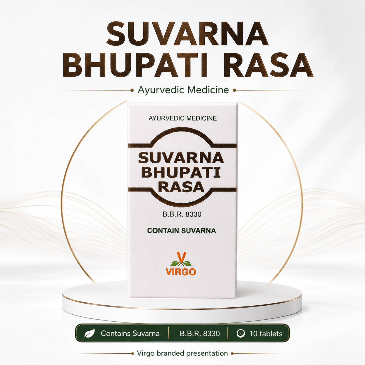 Virgo Suvarna Bhupati Rasa hero infographic with product box