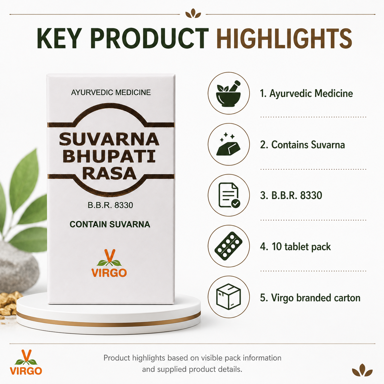 Virgo Suvarna Bhupati Rasa key product highlights infographic