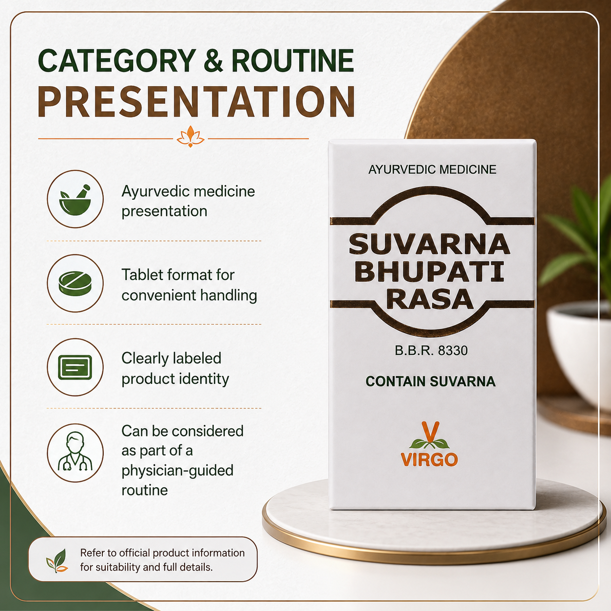 Virgo Suvarna Bhupati Rasa category and routine presentation infographic