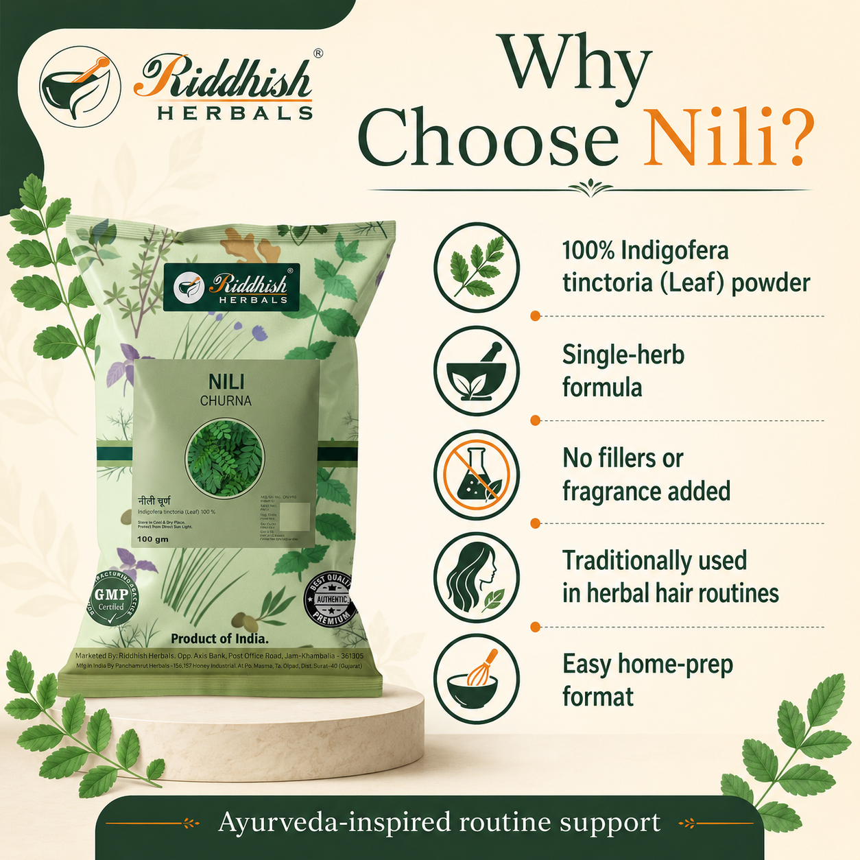 Why choose Nili Churna single herb Indigofera tinctoria powder by Riddhish Herbals
