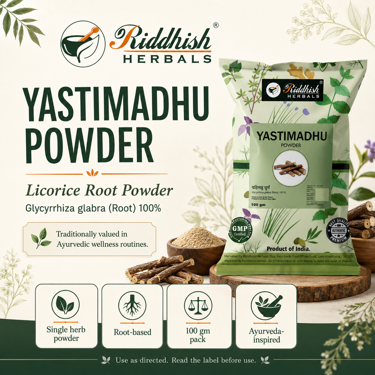 Riddhish Herbals Yastimadhu Powder licorice root 100 gm hero infographic