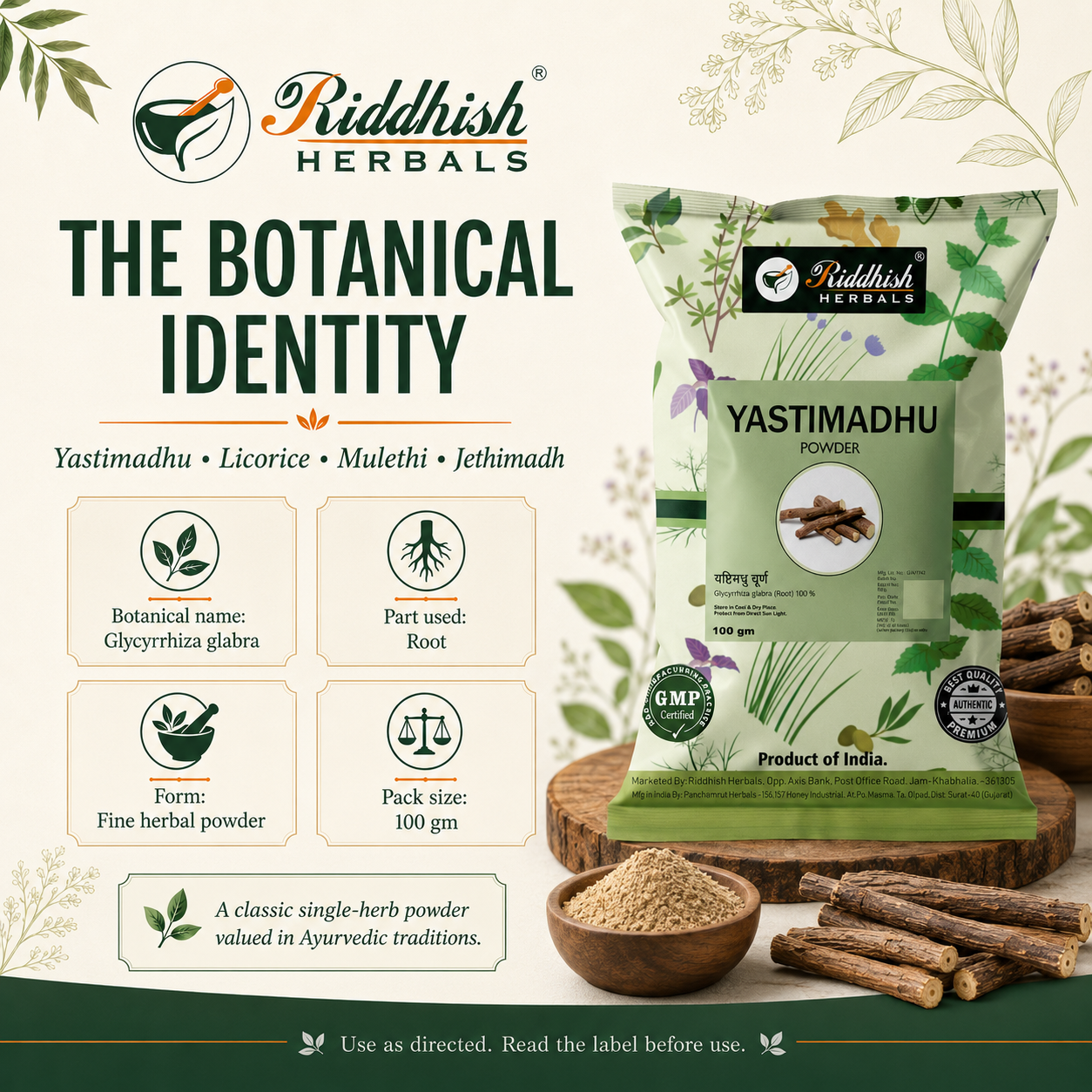 Riddhish Herbals Yastimadhu Powder botanical identity infographic