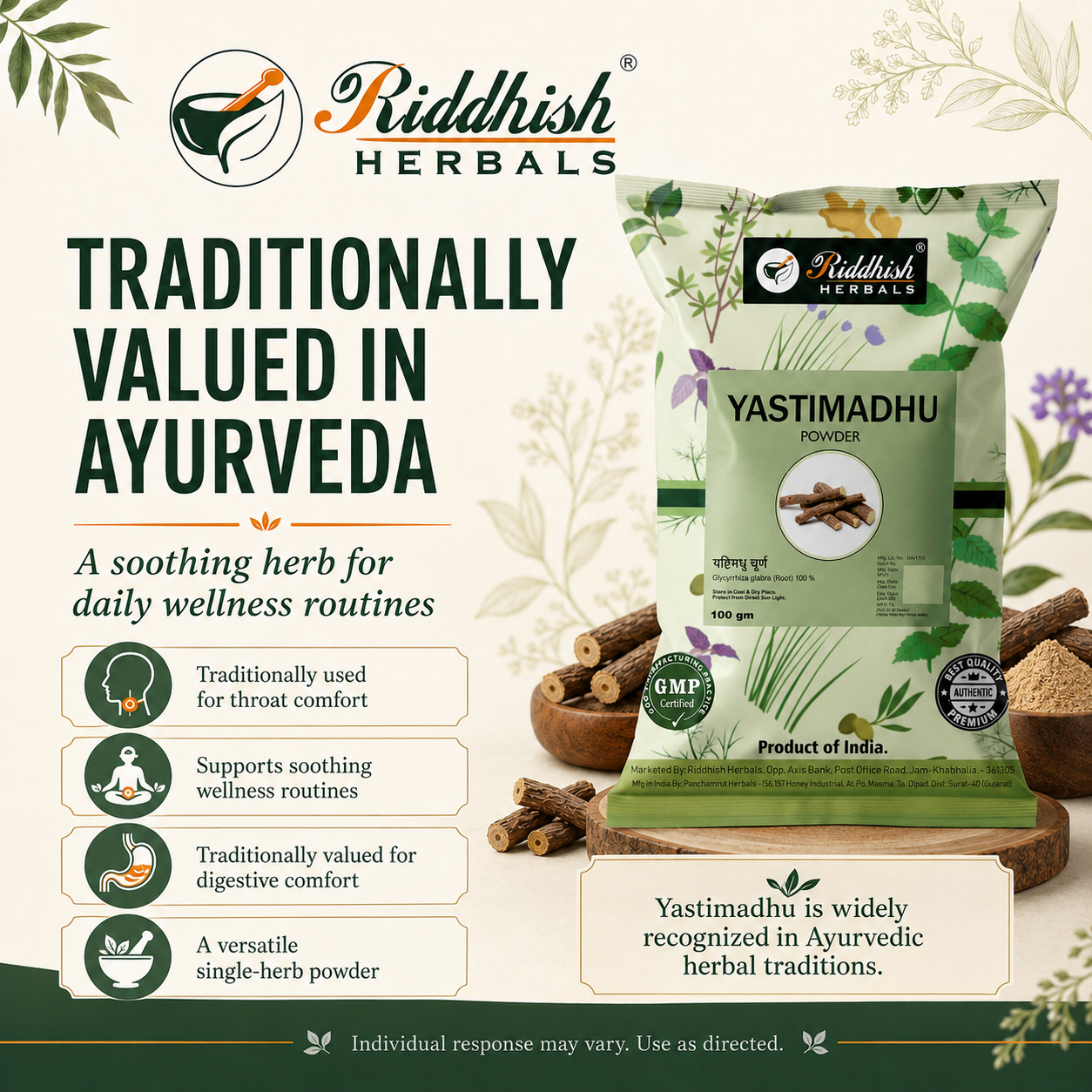 Riddhish Herbals Yastimadhu Powder traditional Ayurvedic wellness infographic