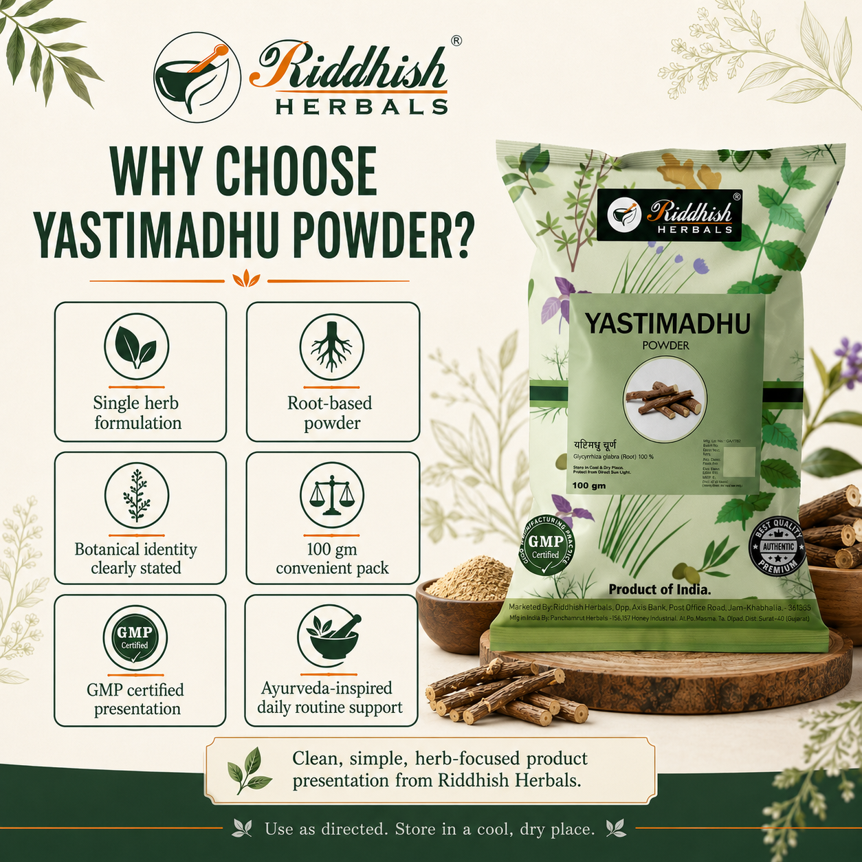 Riddhish Herbals Yastimadhu Powder features and quality infographic