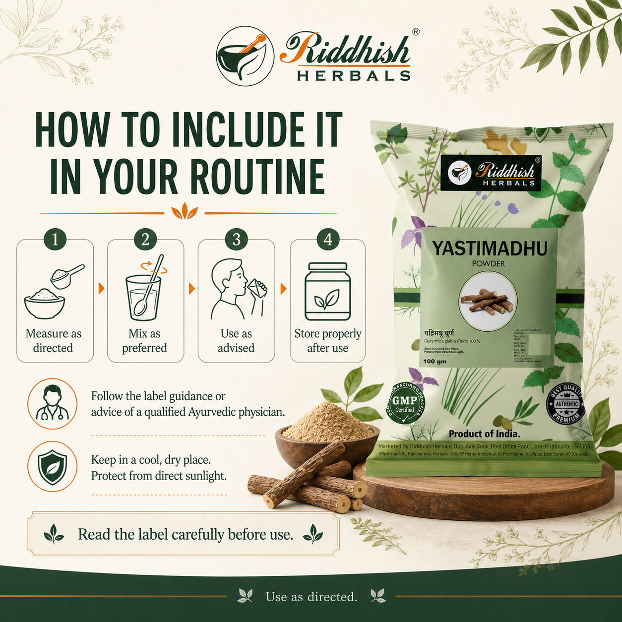 Riddhish Herbals Yastimadhu Powder how to use and storage infographic