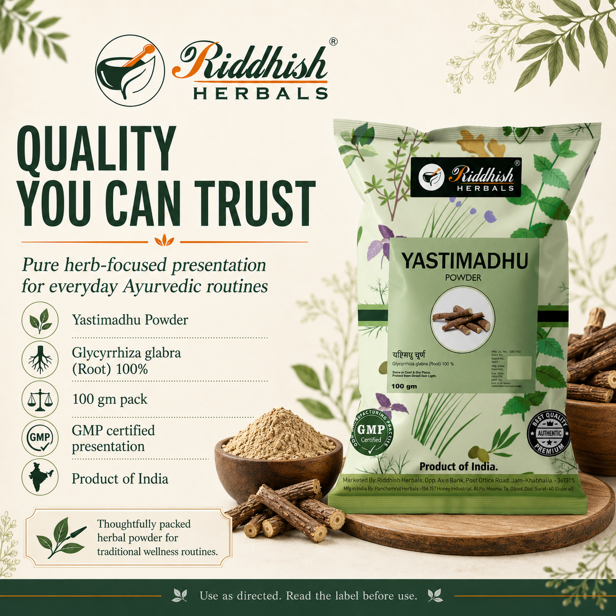 Riddhish Herbals Yastimadhu Powder quality and trust infographic